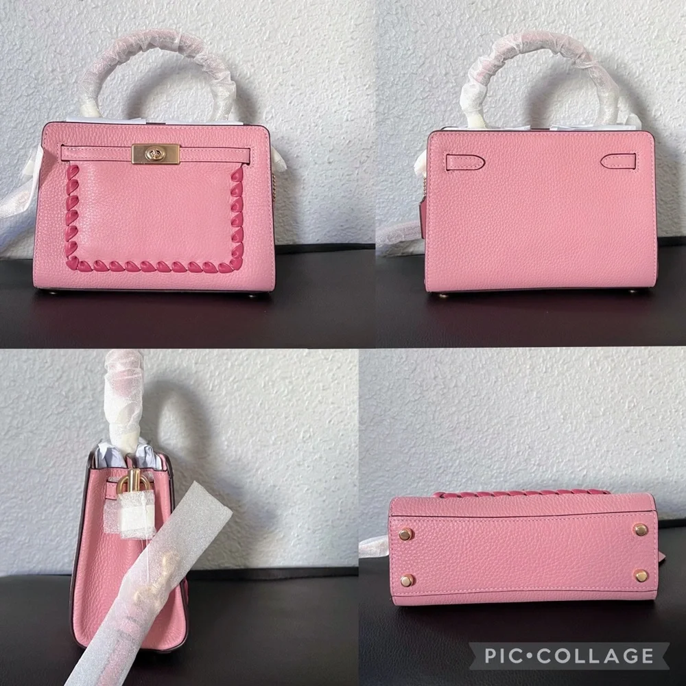 SALE🔥COACH MINI LANE TOP HANDLE WITH‎ WHIPSTITCH GOLD/PINK LEATHER SHOULDER BAG